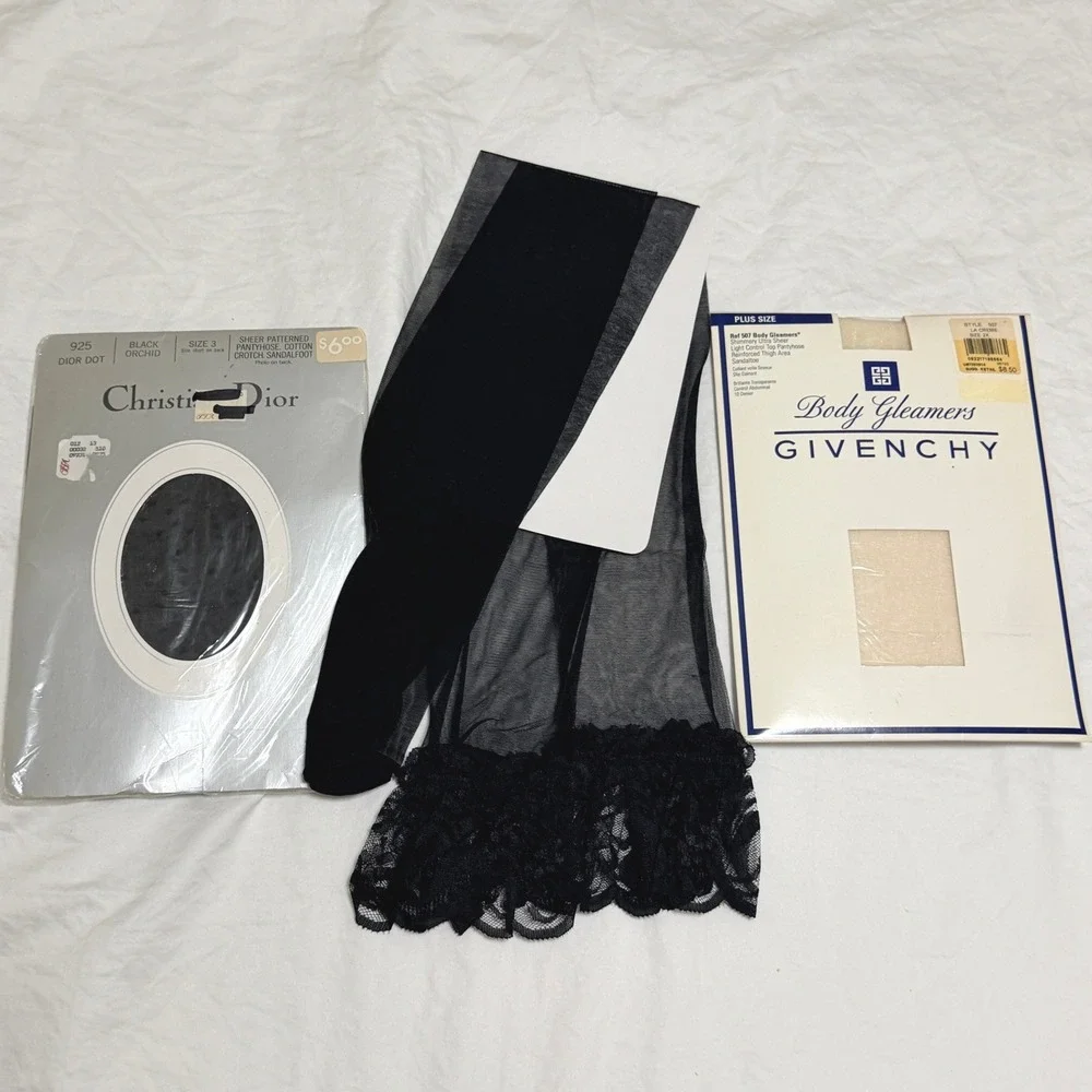 Vintage Christian Dior, Givenchy Pantyhose Lot 3 Pairs Black Dot Lace Shimmer